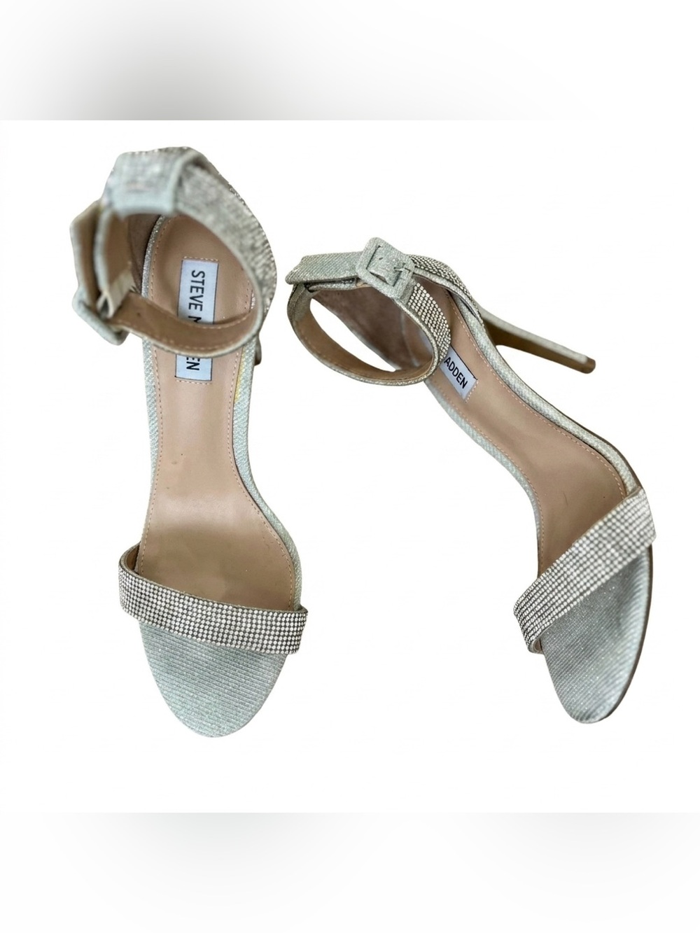 Steve Madden Heeled Sandal Silver Rhinestoned Strappy  Ankle Strap Spike Heel 8